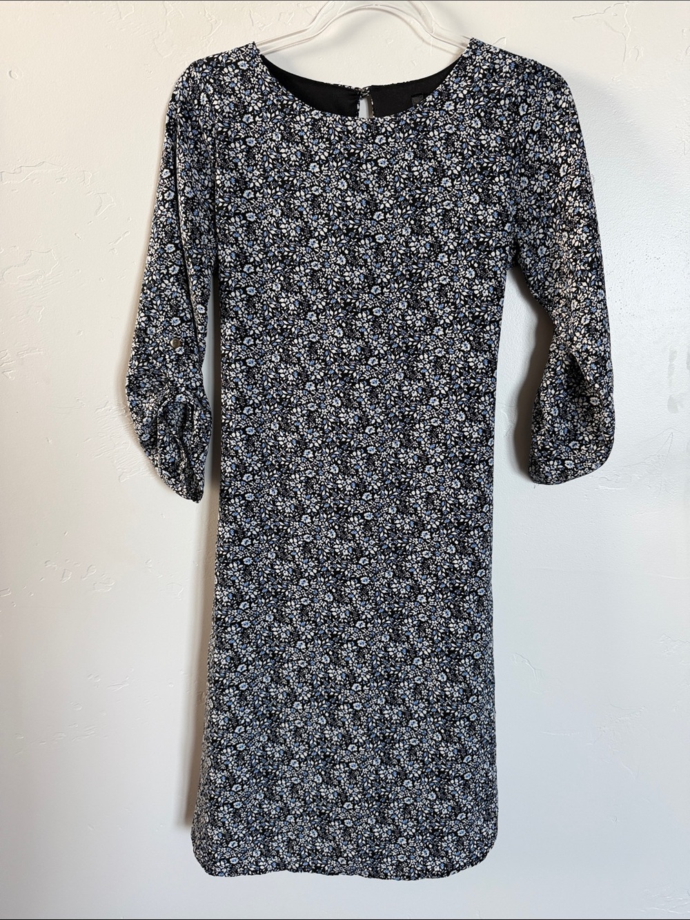 Black Floral Midi Dress with Three-Quarter Sleeves